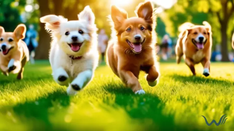 A group of adoptable dogs playing in a sunlit dog-friendly park with vibrant green grass and clear blue skies overhead.