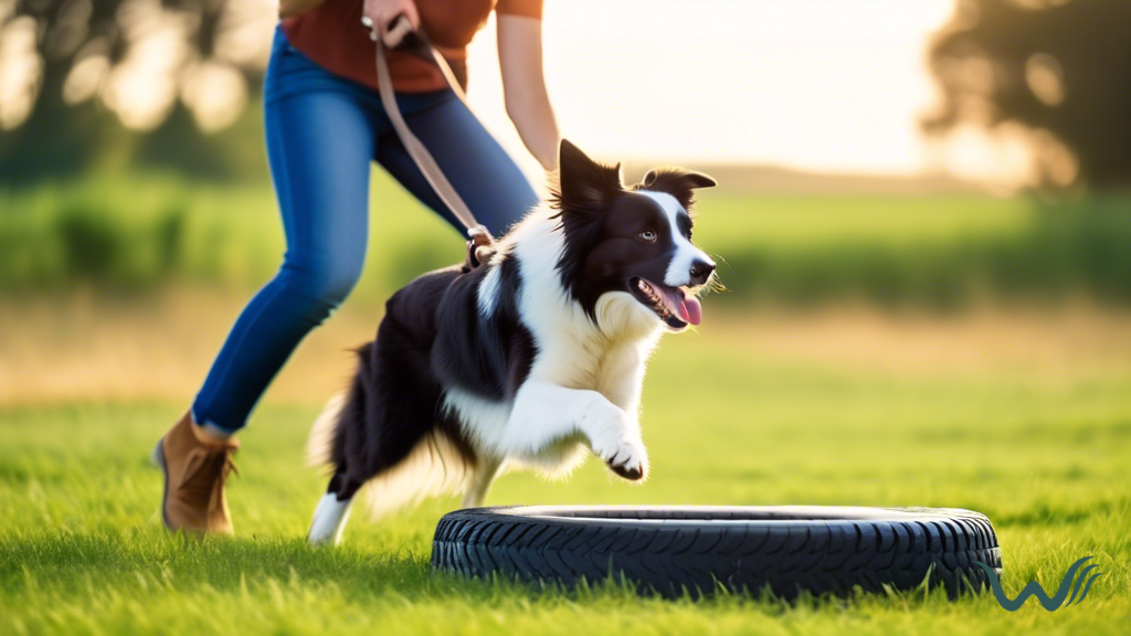 Border Collie being trained on agility tire jump by a dog trainer in a sunny field, using clicker and treats