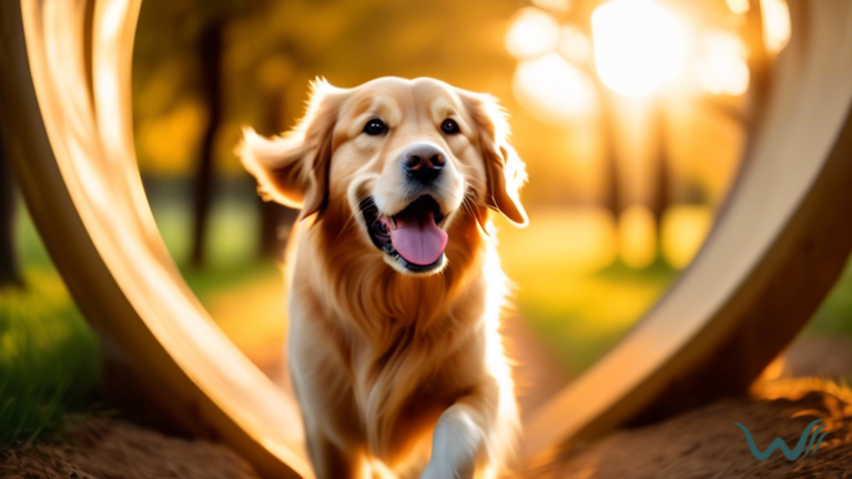 A golden retriever eagerly enters an agility tunnel, bathed in early morning sunlight, showcasing their glistening fur.
