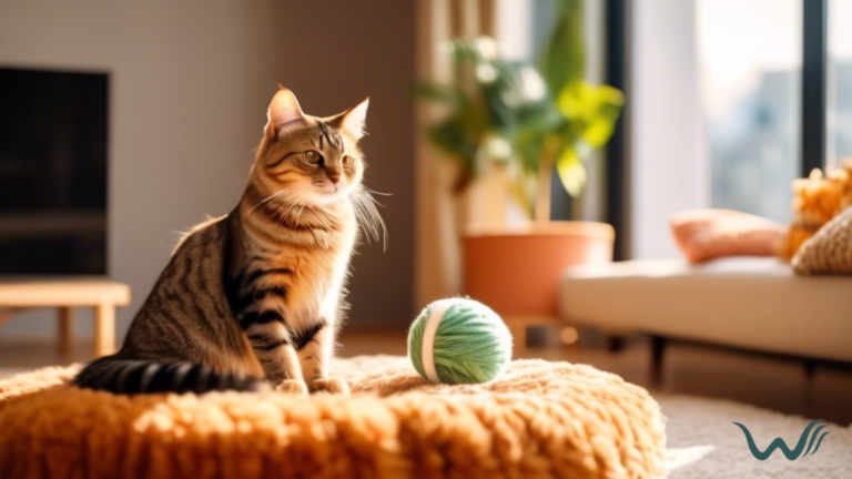 Cozy living room in a sunlit apartment with a fluffy tabby cat lounging on a plush sofa surrounded by cat toys and a stylish scratching post