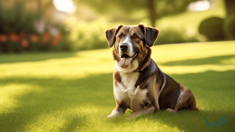 An alert and well-behaved dog sitting on a lush green lawn, enjoying the warm sunshine and showcasing its vibrant coat in soft natural light.