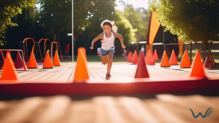 Backyard beginner agility course with brightly lit obstacles including cones, tunnels, and jumps, set up in a clear and organized layout