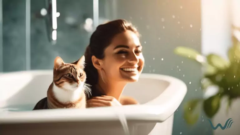 Proper cat bathing tips for a clean and happy feline - A smiling person gently bathing a content cat in a well-lit bathroom with a handheld shower sprayer, water glistening in bright natural light