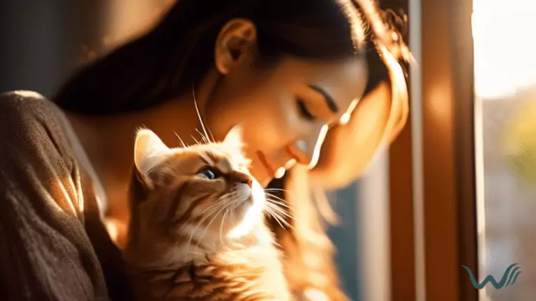 Close-up shot of a person gently brushing a fluffy cat with a soft bristle brush in bright natural light, creating a warm and inviting glow through a nearby window