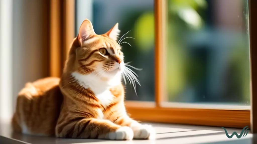Close-up image of a cat sitting on a windowsill in bright natural light, showing off clean and healthy teeth for optimal cat dental care