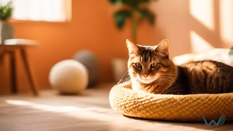 Cozy sunlit room with cat bed, toys, and scratching post, with content cat lounging in natural light