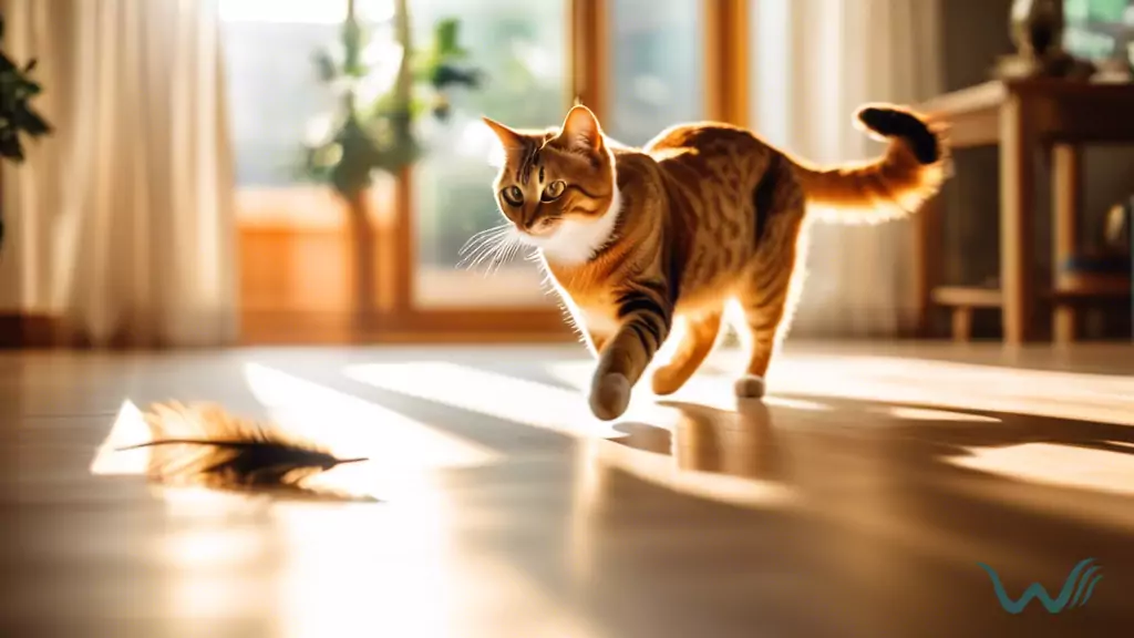 Playful cat chasing a feather toy in a sunlit room, eyes wide with excitement, casting shadows on the floor