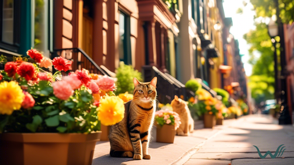 Charming cat-friendly neighborhood with sunny street, brownstone buildings, colorful flower boxes, and friendly cats lounging on stoops