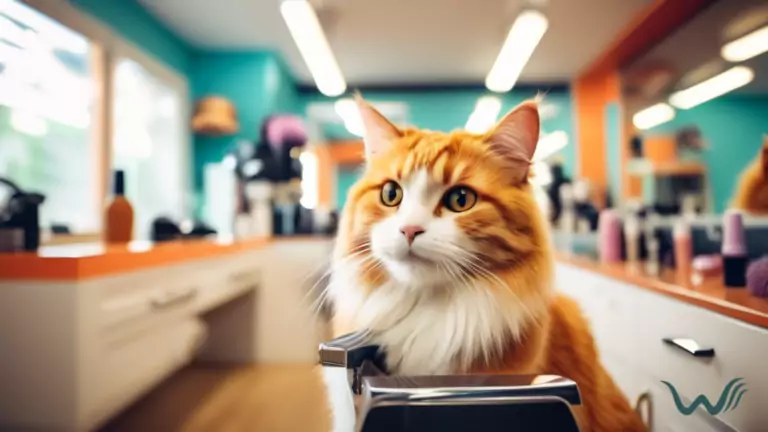 Alt text: A professional cat groomer pampering a content cat in a brightly lit grooming salon, showcasing clean work area and professional grooming tools.