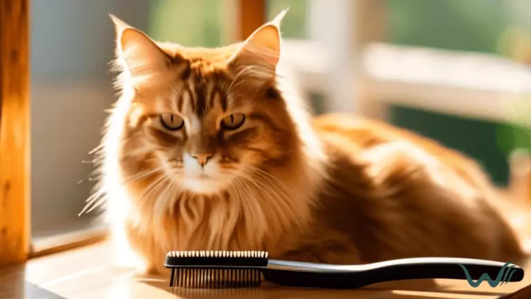 Essential cat grooming tools including a cat grooming brush, nail clippers, and shedding comb on a wooden table in bright natural sunlight