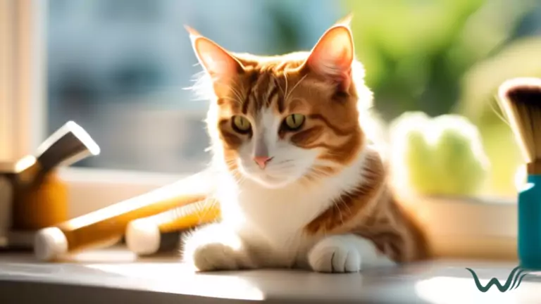 Photo of a cat grooming itself on a sunlit window sill surrounded by grooming tools and hairball prevention treats, bathed in bright natural light