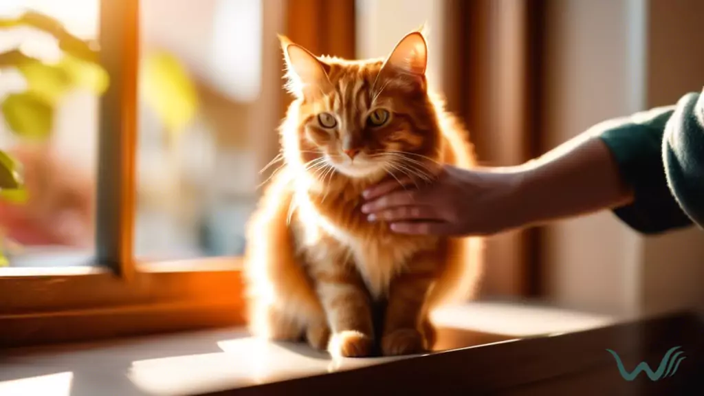 Close-up photo of a fluffy ginger cat getting its nails trimmed by a person with gentle hands, bathed in soft, natural sunlight through a window
