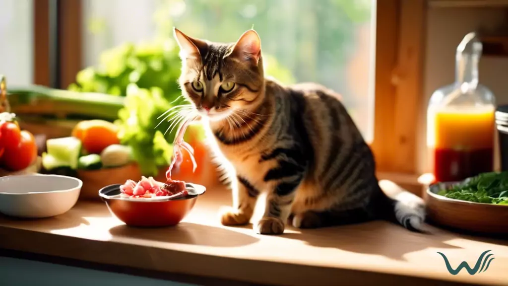Close-up image of a cat enjoying a balanced meal of raw meat, fresh vegetables, and clean water under natural sunlight in a kitchen setting