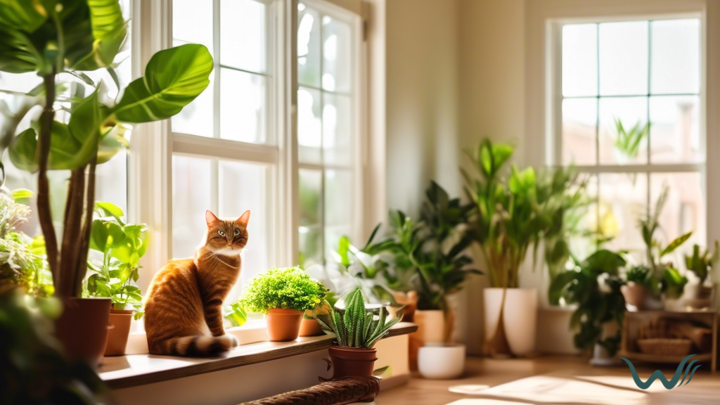 Cat-proofed living room with plants out of reach, secured shelves, and safe environment for cats. Bright natural light highlights cat tree and toys.