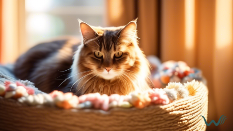 Cozy cat bed by sunlit window with soft blanket and toys, creating a warm and inviting atmosphere for cat stress relief