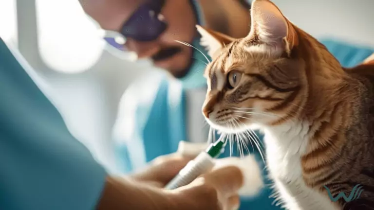Alt text: A close-up shot of a vet administering a vaccine to a cat in a well-lit examination room, with bright natural light streaming in from a nearby window.