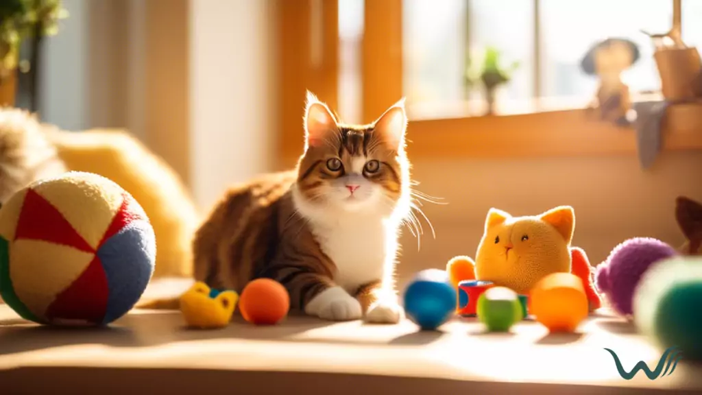 Happy and healthy cat playing with toys in a sunlit room with natural light streaming in through a large window