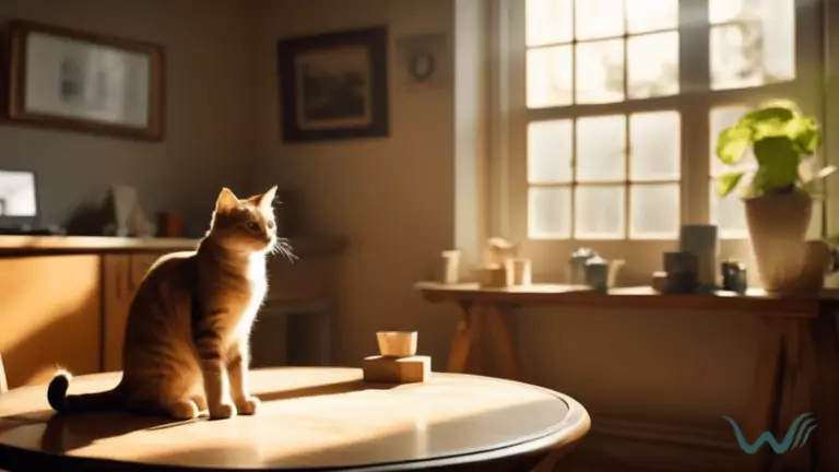 Clicker training for cats: A cat attentively watches its owner demonstrate a new trick, with a clicker sitting on the table nearby in a well-lit room with sunlight streaming through the window.