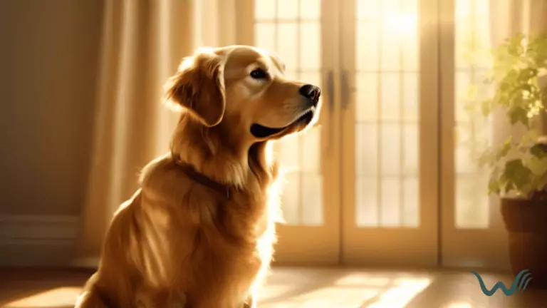Golden retriever dog engaged in clicker training session in a sunlit room, responding eagerly to the clicker sound