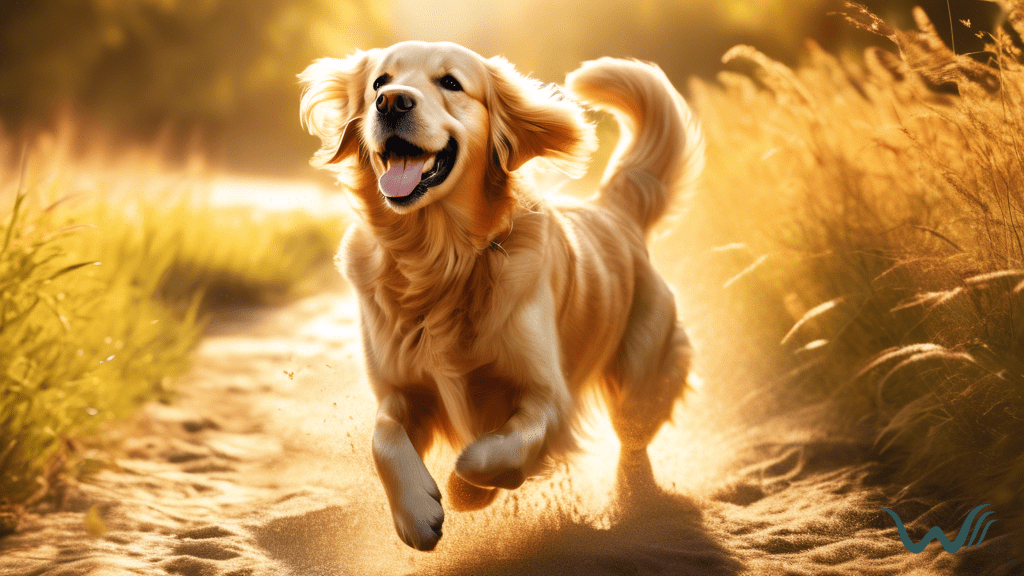 Golden retriever happily responding to the come command from its owner, bathed in warm sunlight outdoors.