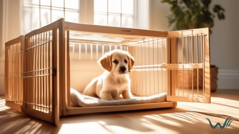 Alt text: A serene living room flooded with natural sunlight, showcasing a comfortable crate beside a large window - highlighting the tranquil and secure environment that crate training offers for housebreaking puppies.