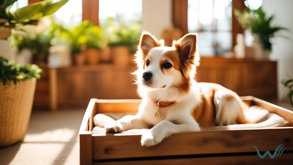 A serene room with a dog resting peacefully in a crate, bathed in natural light. The clutter-free space with soft, neutral colors and plants creates a calming atmosphere, perfect for managing anxiety with crate training.