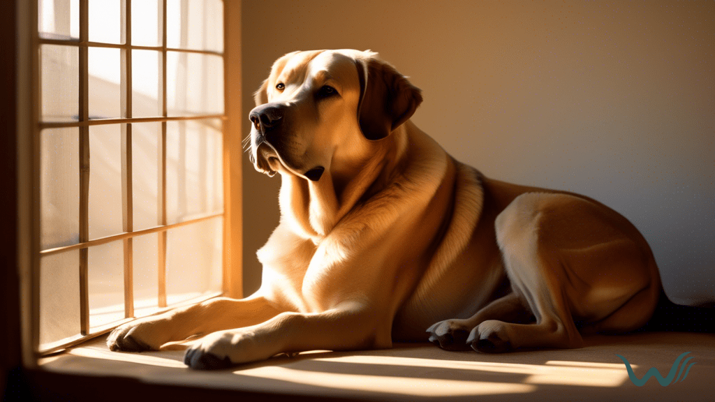 Alt text: A content and relaxed large dog peacefully resting in a sunlit, spacious crate as rays of warm natural light gently illuminate its face, showcasing effective crate training methods for large dogs.