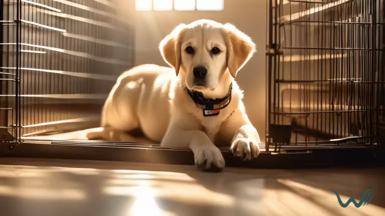 Alt text: A service dog-in-training peacefully resting in a spacious crate, basking in warm natural sunlight, emphasizing the importance of crate training in service dog education.