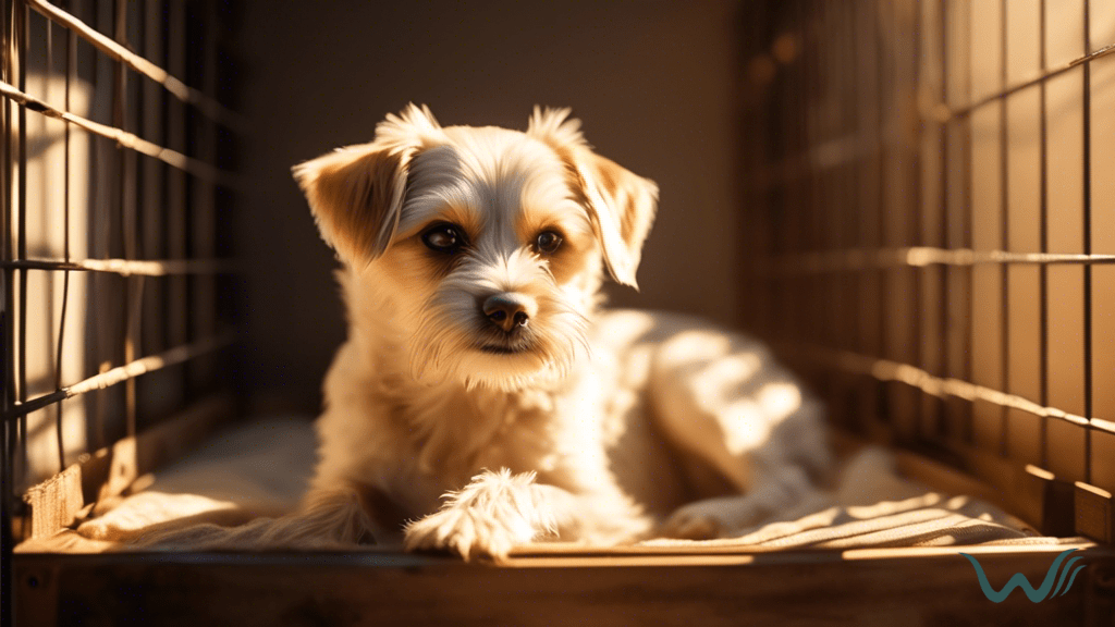 Serene scene of a small breed dog peacefully resting in a crate, basking in warm, golden sunlight pouring through a nearby window.
