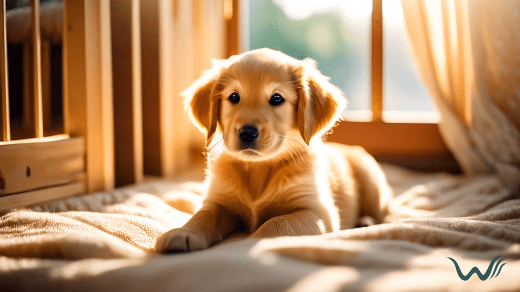 Golden retriever puppy enjoying crate training in a sunlit room with cozy bedding and toys
