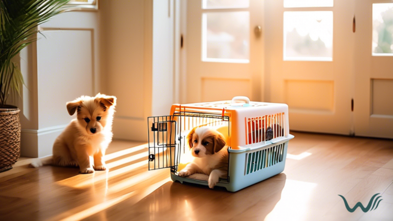 Cozy and well-lit room with a puppy crate in the center, ideal for crate training tips during housebreaking