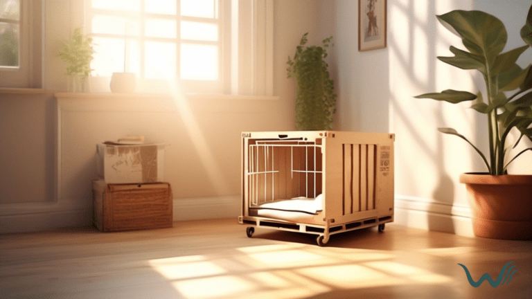 Alt text: A serene, sunlit room with a cozy crate in the corner, showcasing the benefits of crate training versus free roaming.