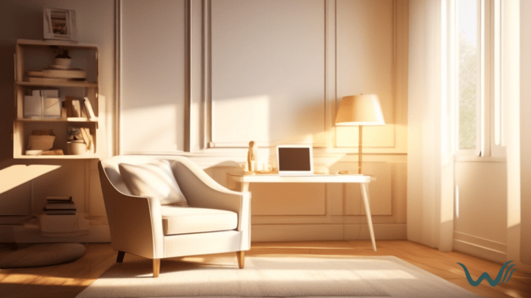 Serene living room with sunlight streaming through sheer white curtains, casting soft shadows on a cozy armchair. A warm glow illuminates a small desk adorned with a discounted ESA letter, highlighting the theme of the blog post.