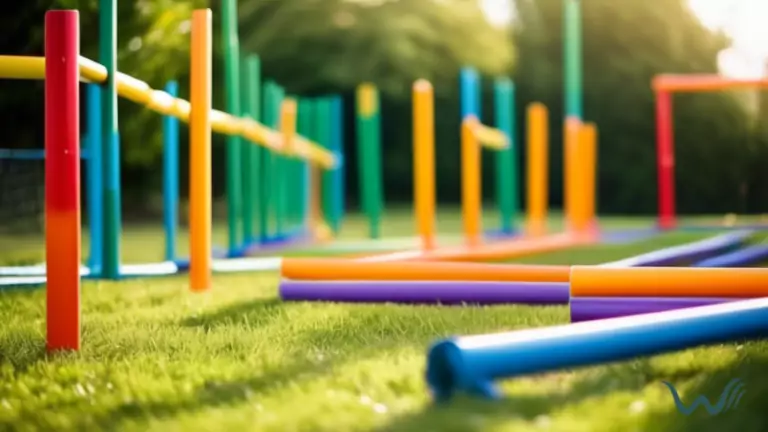 DIY homemade agility course in backyard with hurdles, weave poles, and tunnels made from PVC pipes and colorful tape, illuminated by bright natural light.