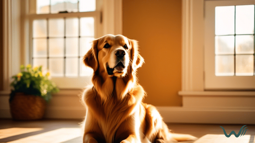 A golden retriever providing emotional support to their owner, sitting calmly in the warm sunlight streaming through a large window