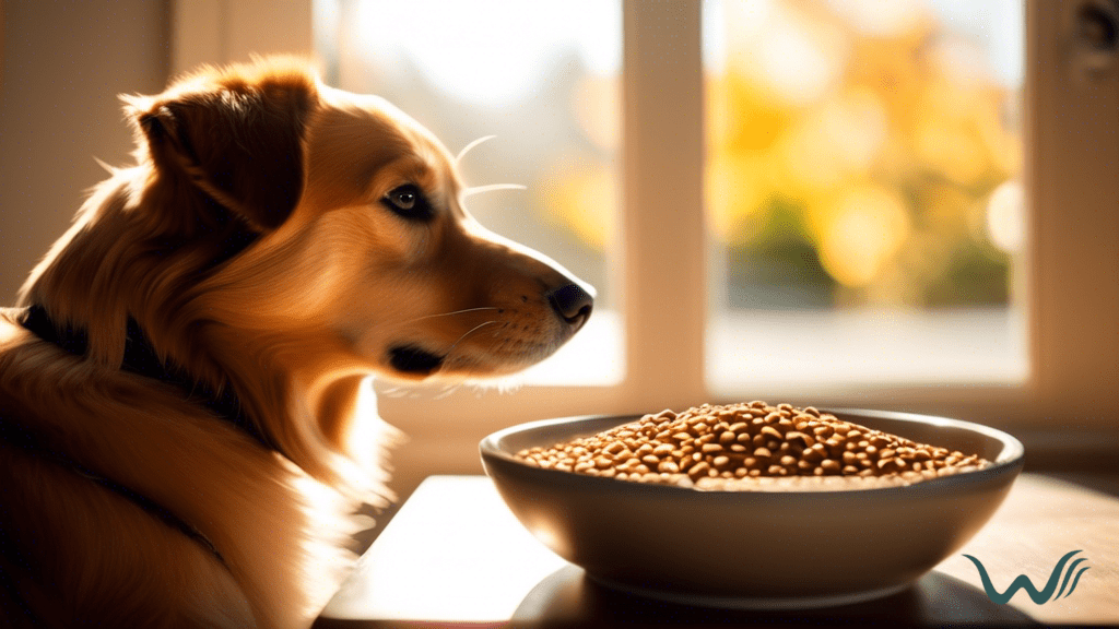 A close-up photo of a dog's face with sunlight streaming through a window, showcasing their alert expression. In the background, there is a bowl of hypoallergenic dog food.