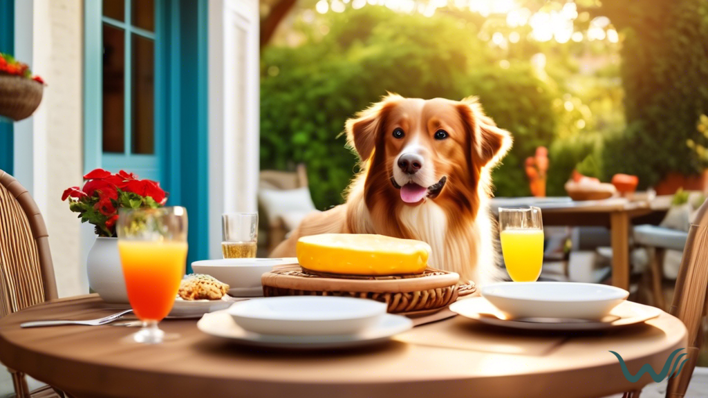 Dog-friendly patio dining scene with a happy dog lounging next to its owner at a cozy table set with vibrant plates of food, bathed in bright natural sunlight