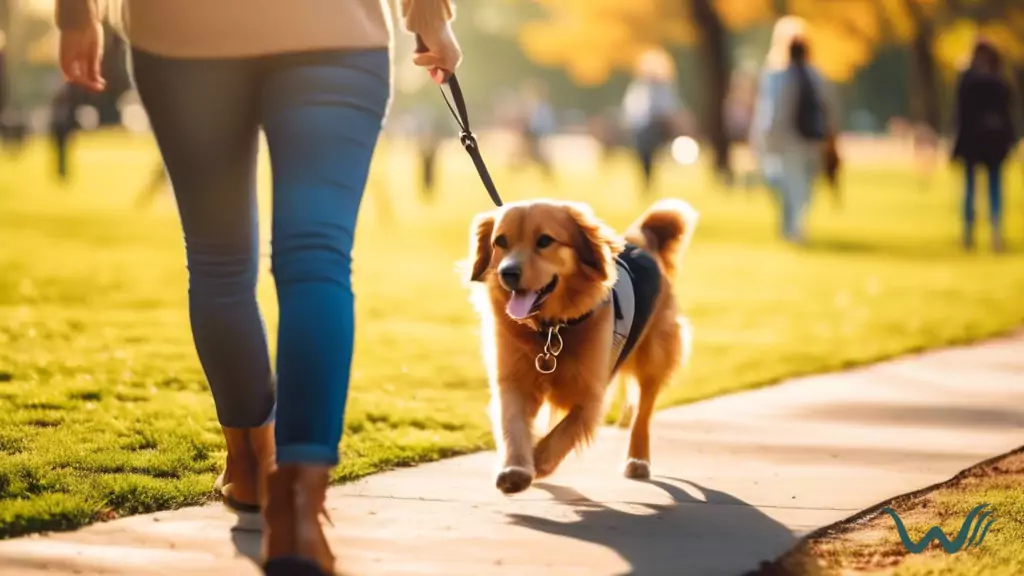 Dog owner calmly walking their well-behaved dog on a leash through a bustling dog park filled with happy pups playing under the bright midday sun - Dog Park Etiquette and Training Tips
