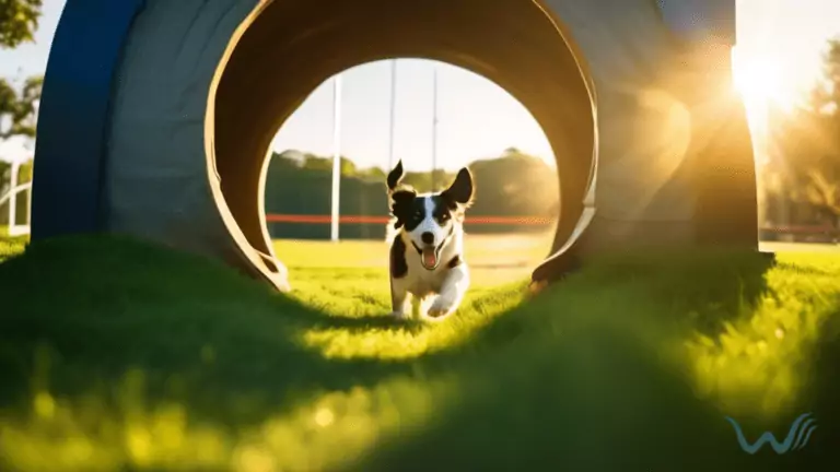 A dog confidently navigating through a tunnel at a dog park agility course on a sunny day with long shadows on the grass