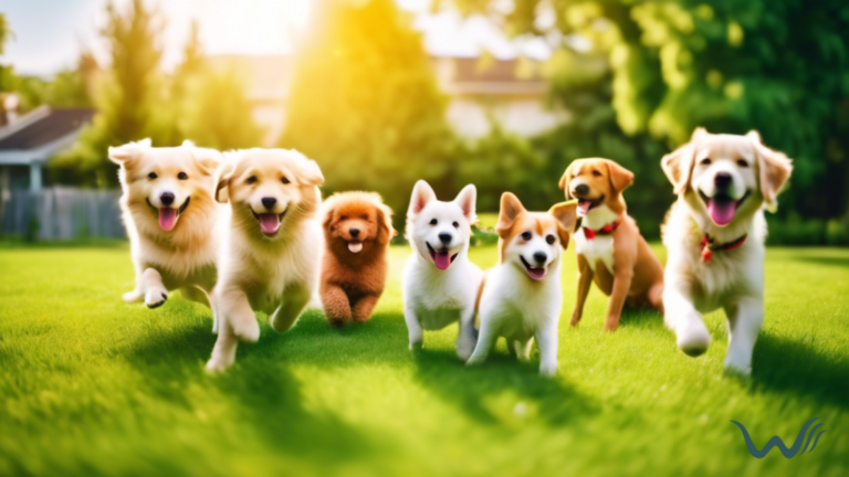 Vibrant image of happy dogs playing together in a spacious backyard on a sunny day, surrounded by colorful dog toys and lush green grass