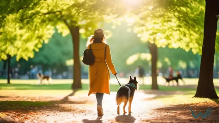 Happy dog socializing and walking peacefully in a park, surrounded by green trees and bright sunlight without barking