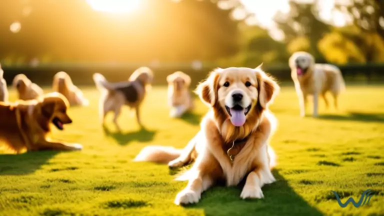 Golden retriever happily playing in a sunny dog park surrounded by various breeds, showcasing positive dog socialization and behavior