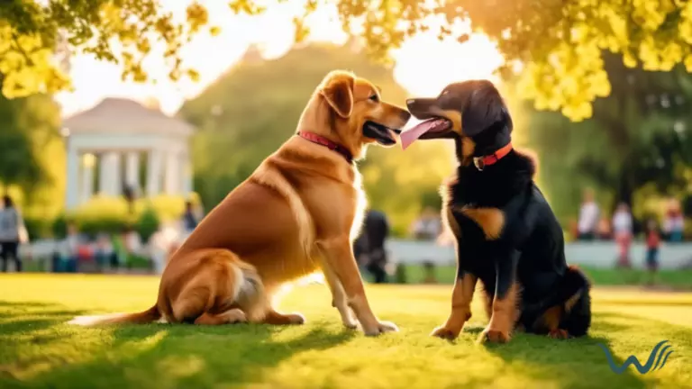 Two dogs, one a pet and the other a service animal, socializing in a well-lit park setting. The bright natural light highlights their fur and expressions as they interact with each other.