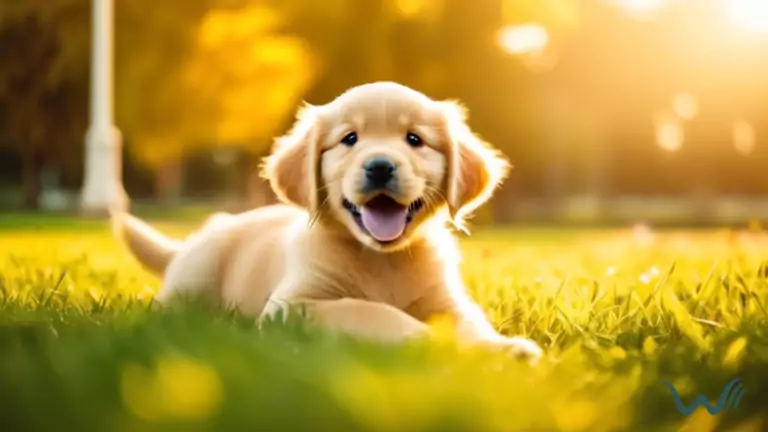 Golden retriever puppy socializing with other dogs in a sunny park, showcasing positive interactions and joyful playtime