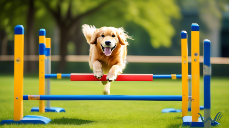 Golden retriever showcasing its agility while leaping over hurdles at one of the best dog training facilities in Dallas, TX