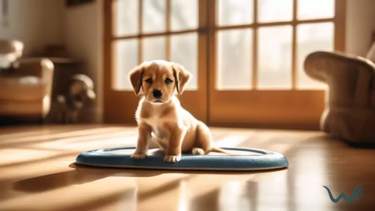 Adorable puppy successfully using a dog training pad in a sunlit room for housebreaking training