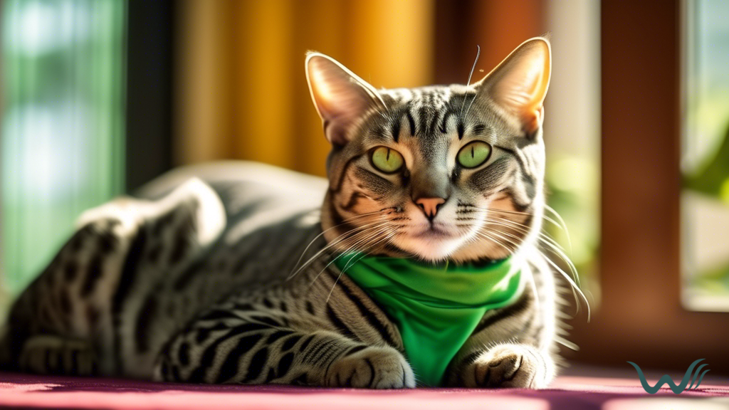 Stunning Egyptian Mau cat basking in the sun, showcasing its elegant silhouette, striking coat, and mesmerizing green eyes in a sunlit room.