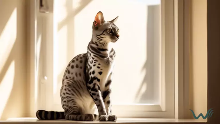 Captivating Egyptian Mau cat lounging in radiant sunlight, showcasing its timeless elegance in a modern setting.