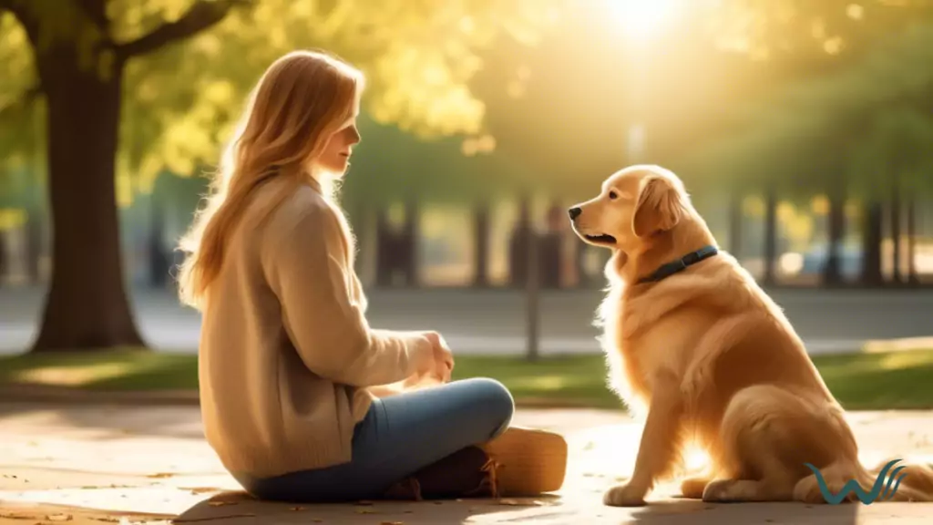 A person with a thoughtful expression sitting alongside a friendly Golden Retriever in a sunlit park, symbolizing the strong bond between an emotional support animal and their owner.