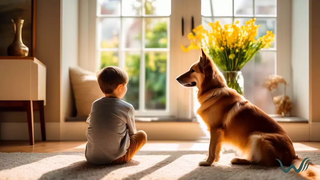 A person with autism and their emotional support animal enjoying a calm moment in a cozy living room with bright natural light streaming in through a large window